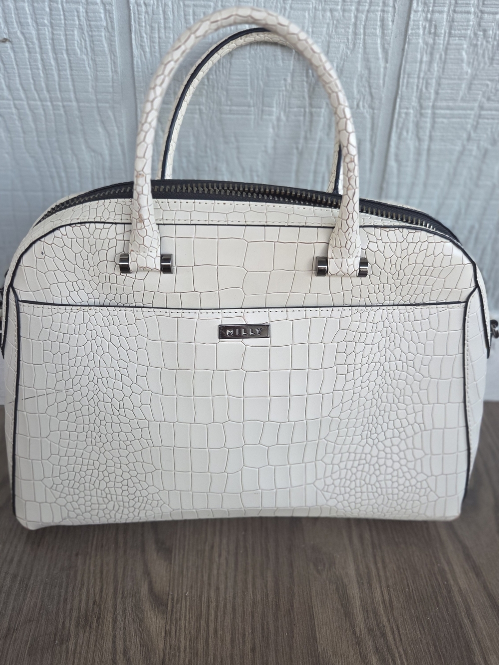 MILLY Cream Croc-Embossed Satchel